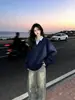 Sudadera de dos piezas de imitación con bloques de color para mujer, primavera y otoño, corte holgado, cuello camisero, top casual de algodón de manga larga estilo americano, moderno