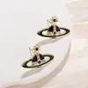 Pendientes de Esmalte y Perla con Anillo de Saturno de Emperatriz para Mujer, Diseño de Nicho con Estilo de Tachuela Elegante de Alta Gama para Socialité