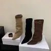 Botas altas hasta la rodilla para mujer, diseño de nicho, uso bidireccional, tacón de cuña, botines de moda, gamuza, botas vaqueras occidentales
