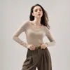 Fábrica Jimo personaliza camisetas básicas de cuello redondo grande en forma de U para mujer con logo personalizado, tops OEM de acetato, lana y seda