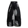 Jeans Pesados de Dobladillo Crudo Estilo High Street Americano para Hombres y Mujeres Otoño Nuevo Sueltos Casuales Rasgados Parcheados Pierna Ancha Pantalones Largos
