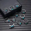 Bestseller transfronterizo juego de anillos de piedra lunar de diseño minimalista, anillo geométrico de diamante negro, joyería apilable de turquesa estilo europeo y americano