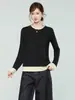 Camiseta Manga Longa Color Block Gola Redonda Preta com Camada Interna, Tricô de Inverno Novo, Top Falso Duas Peças para Mulheres