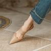 Jumei ~ Sandálias de couro macio com biqueira francesa, salto agulha feminino, bico fino, estilo fada vazia, primavera e verão 2023, sapatos de salto alto para mulheres