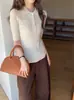 Suéter de lana de una sola pieza sin costuras con patrón de espiga, lana Merino fina 100%, cuello polo, tejido de manga media para otoño