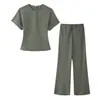 Roupas femininas transfronteiriças 2026 nova moda europeia e americana slim fit com recortes manga curta gola redonda conjunto de camisa + calça longa para mulheres M6060