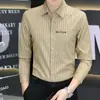 Camisa de Manga Larga Rayada Bordada Elástica de Fibra de Bambú para Hombre, Negocios Ligeros, Cuatro Estaciones, Comercio Exterior Transfronterizo