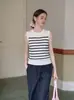 Chaleco de estilo francés con hombros descubiertos, tejido ligero hecho a mano, top sin mangas a rayas versátil para el verano