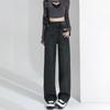 Jeans Preto Cinza Perna Larga Feminino Abotoadura Dupla Cintura Alta Solto Emagrecedor Comprimento Estreito Perna Reta Combina com Tudo Calças