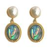 Pendientes vintage ligeros antiguos de perla de agua dulce con abulón, pendientes estilo corte retro francés, pendientes ligeros de lujo