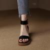 Sandalias de Tacón Grueso de Una Línea Estilo Retro para Mujer Verano de Suela Gruesa Versátiles Punta Abierta Cuero Genuino Tacón Medio Zapatos Romanos