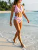 Bikini vintage floral de cintura alta transfronterizo con cuello halter, tiras cruzadas, traje de baño que disimula el abdomen para vacaciones en la playa, traje de baño de dos piezas
