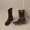 Nova fivela de cinto Veludo Fosco botas femininas de cano médio outono e inverno salto quadrado salto médio botas casuais 33-43 Botas de comércio exterior Amazon