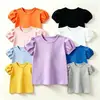 Camiseta de Manga Corta Abullonada para Niñas, Camiseta Básica de Algodón Peinado con Cuello Redondo, Top Infantil Multicolor, Ropa Infantil Transfronteriza