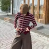Cárdigan de Punto con Cuello Polo a Rayas Estilo Preppy Coreano para Mujer Otoño e Invierno 2025 Nuevo Estilo con Tops de Gama Alta