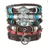 Pulseira Masculina de Seis Peças Tecida à Mão Estilo Boêmio com Cabeça de Touro, Corda Elástica Ajustável Multicamadas