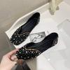 Sapatos Femininos Transfronteiriços Estilo Coreano Primavera e Verão Novo Modelo Laço Pérola Strass Bico Quadrado Vazado Estilo Fada Mocassins Confortáveis