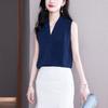 Camisa Diseño de Mujer Sin Mangas Verano Delgada Camisa Blanca Estilo Hong Kong Satén Cuello en V Top