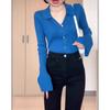 Cárdigan de punto Shanli Dadi Azul Klein con cuello en V y solapas para mujer, Nuevo suéter de Otoño e Invierno, Camiseta interior base de manga larga