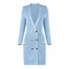 Vestido elegante de otoño estilo Chanel, color liso, largo medio, azul, de punto, estilo cárdigan de cintura alta, disponible en stock.