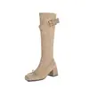 Botas de cano alto justas estilo francês com bico quadrado tipo focinho de porco, laço, fivela de cinto, camurça, elásticas, salto médio grosso para mulheres - Inverno 2026