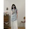 Nuevo Cheongsam de Estilo Chino Mejorado Irregular Volador Manga Corta Abertura Top + Pantalones de Pierna Ancha Verano Talla Grande Traje