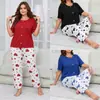 Conjunto de pijama longo com estampa de coração e decote V de manga curta, best-seller transfronteiriço europeu e americano para casa, pode ser usado fora como um suéter pijama