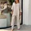 Conjunto de dos piezas de traje irregular de manga larga, pantalones anchos y talla grande, estilo casual, de algodón y lino, para mujer de Europa y América del 2024
