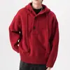 Suéter Cinza Escuro com Capuz e Gola Henley para Homens, Tricô Pulôver para Outono e Inverno, Jaqueta Casual de Alta Qualidade Estilo Americano