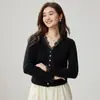 Cardigan Suéter de Cashmere com Renda Patchwork Francês Decote V Outono Inverno Malha Macia e Amiga da Pele Jaqueta Curta