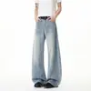 Calça jeans masculina estilo americano com estampa de bambu, bainha curva lavada, calça reta casual vibe de verão, calça pantalona solta moderna
