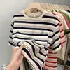 Camiseta de Manga Corta con Bloques de Color a Rayas, 95% Algodón, 5% Elastano, con Elegante Diseño Bordado, Corte Holgado y Moderno, Parte Superior Versátil de Retazos