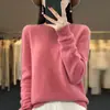 Suéter gola redonda 100% lã para mulheres, novo estilo outono e inverno 2026, cor sólida, suéter simples de cashmere, camada base de tricô solto