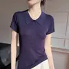 Camiseta Tricotada Nova Estilo Primavera e Verão com Manga Três Quartos para Mulheres, Pulôver com Gola Reversível, Top Fino Fresco e Respirável que Emagrece