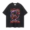 Camiseta de Manga Corta Pesada de 280 g Lavada y Desgastada Retro Una Pieza Anime Casual Holgada Top de Manga Tres Cuartos