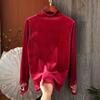 Blusa Básica de Veludo com Gola Média Alta 2025 Outono e Inverno para Sobreposição ou Roupa Exterior, Elegante Manga Longa, Rejuvenescedora, Requintado Recorte com Bordado para Mulheres