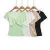 Cl2670-26 Verano Puro Deseo Estilo Perezoso Adelgazante Encaje Cuello en V Retorcido Manga Corta Camiseta para Mujer, Top Adelgazante