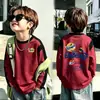 Camiseta de manga comprida com blocos de cor e retalhos para meninos, estilo primavera e outono, coleção de outono infantil, para meninos mais velhos, camiseta com manga raglan, blusa de modelagem solta