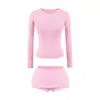 Moda Casual Europeia e Americana Novo Conjunto Quente para Menina Slim Fit Gola Redonda Manga Longa Camiseta Shorts Justos no Quadril Conjunto Esportivo para Mulheres
