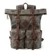Mochila Retro de Lona Encerada a Óleo Europeia e Americana com Acabamento em Couro Genuíno Masculino Design de Bolso Calça com Múltiplas Abas Grande Capacidade Mochila de Viagem ao Ar Livre
