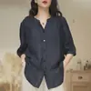 Top Holgado Oversize, Estilo Minimalista de Verano, Camisa de Sarga de Ramio de Color Sólido con Cuello en V, Blusa de Moda para Mujer con Mangas de Tres Cuartos