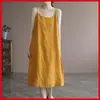 Algodão Linho Verão Novo Algodão Puro Alça Cor Sólida Vestido Feminino Artístico Elegante Solto Alça Interna Vestido Longo