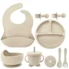 Conjunto de Louça de Silicone Infantil Transfronteiriço Babador Prato Tigela Colher Garfo Copo de Água Copo com Canudo Conjunto de 8 Peças