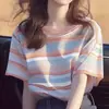 Verano 2025 Chic Coreano Único y Hermoso Tops Sueltos y Versátiles Coloridas Camisetas de Manga Corta a Rayas para Mujer