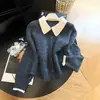 Elegante cárdigan de punto con cuello polo de estilo francés y bloques de color para mujer, nuevo top de manga larga para otoño e invierno