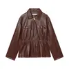 Comércio Exterior Transfronteiriço Primavera Nova Roupa Feminina: Jaqueta de Couro Cor Sólida Manga Longa Gola Lapela Couro Sintético Cintura Elástica Ajustável