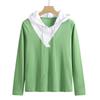 80 algodón mercerizado color de contraste principios de otoño fino con capucha de moda para mujer manga larga suéter camiseta top 110-1