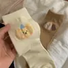 Meias de comprimento médio com flocado, estilo coreano fofo, estilo Ins, animal de desenho animado suave, para todas as estações, de algodão macio e sedoso para meninas