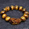 Pulsera de Piedra Ágata Natural con Cuentas de Ojo de Tigre Fantasma Verde, Ojo de Tigre Amarillo y Pixiu para la Suerte