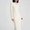 Vestido de Tricô Macio e Suave com Acabamento Wax, Gola Alta, Cor Sólida, Manga Longa, Cauda de Peixe, Slim Fit, Vestido Suéter Interno e Externo